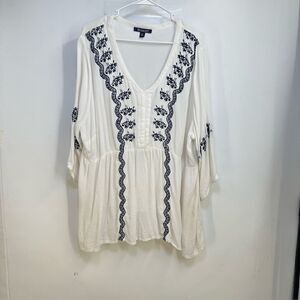 Roaman's Size 22W Cream with Black Embroidery 3/4 Sleeve Peasant Baby Doll Top